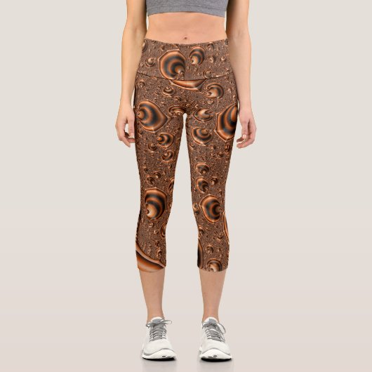 Leggings Capri Drôle Trippy Spiraling Orange Black Fractal Art (Recto)