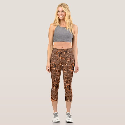 Leggings Capri Drôle Trippy Spiraling Orange Black Fractal Art (Recto)
