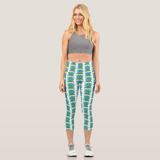 Leggings Capri Drôle vert souriant animé lézard d'iguane (Recto)