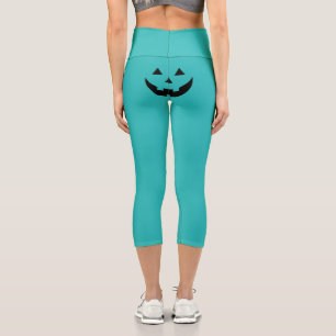 Leggings Capri Drôle visage citrouille Jack-o'-lantern turquoise