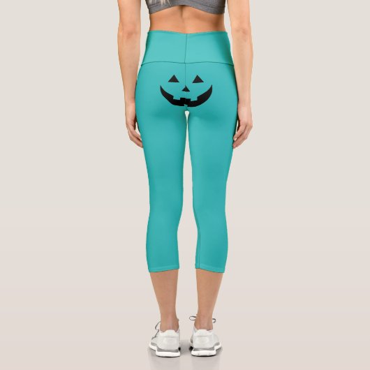 Leggings Capri Drôle visage citrouille Jack-o'-lantern turquoise  (Verso)