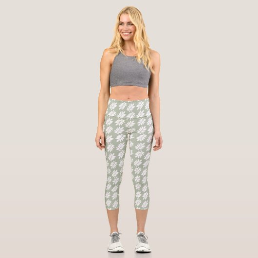 Leggings Capri Elder Leaf Pattern White on Green (Recto)