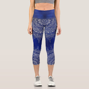 Leggings Capri Elégant argent sur le bleu profond floral Henna Ma