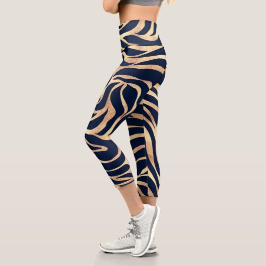 Leggings Capri Elégant bleu marine Gold Zebra Imprimer (Gauche)