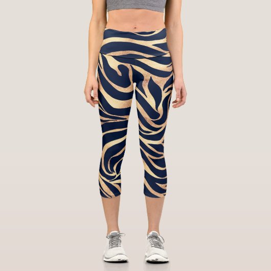 Leggings Capri Elégant bleu marine Gold Zebra Imprimer (Recto)