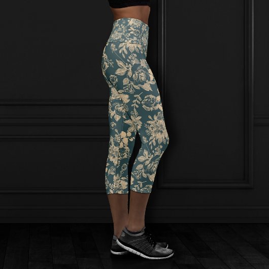 Leggings Capri Élégant botanique | Forêt Vert Sepia Gold Floral