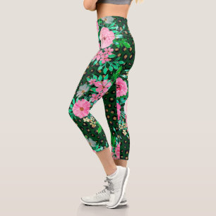 Leggings Capri Elégant Empreinte de léopard et rose Floral Desi