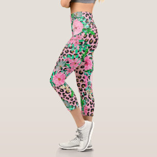 Leggings Capri Elégant Empreinte de léopard rose et design floral