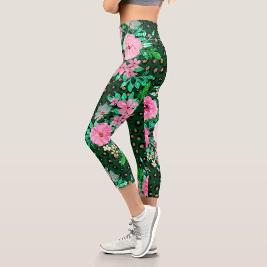 Leggings Capri Élégant Empreinte de léopard rose floral vert desi (Gauche)