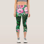 Leggings Capri Élégant Empreinte de léopard rose floral vert desi (Recto)
