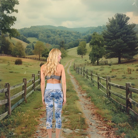 Leggings Capri Elégant et Whimsical Blue Floral Motif été.