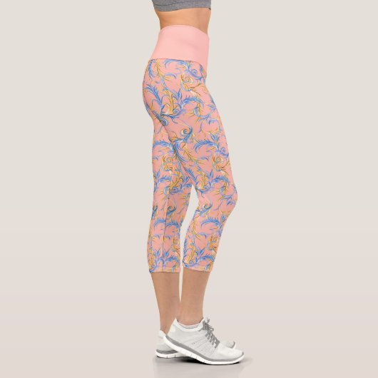 Leggings Capri Élégant exercice de Yoga Motif rose bleu arabe (Droite)