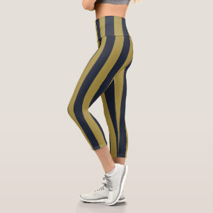 Leggings Capri Elégant Gold & Navy Blue Vertical Stripes