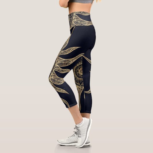 Leggings Capri Elégant Gold Sun Mandala Blue Nebula Design (Gauche)