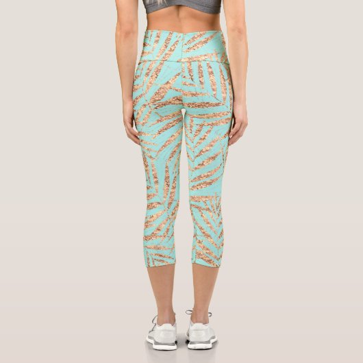 Leggings Capri Elégant Gold Tropical Palm Feuille Mint Design (Verso)