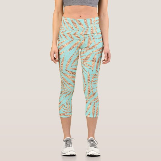 Leggings Capri Elégant Gold Tropical Palm Feuille Mint Design (Recto)