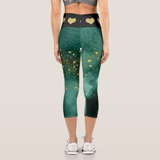 Leggings Capri Élégant Malachite Gold Hearts Motif (Verso)