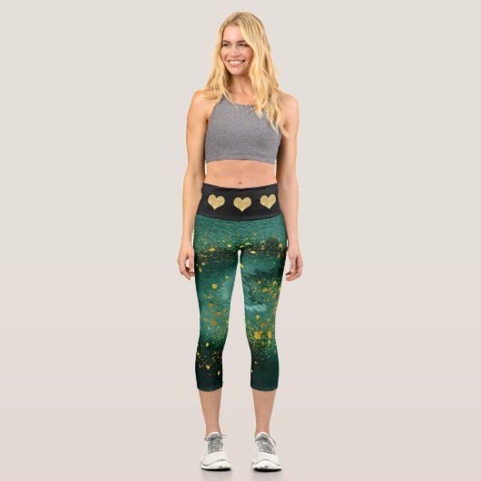 Leggings Capri Élégant Malachite Gold Hearts Motif (Recto)