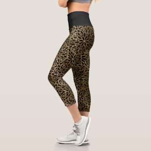 Leggings Capri Elégant Motif Mandala Gold sur Noir