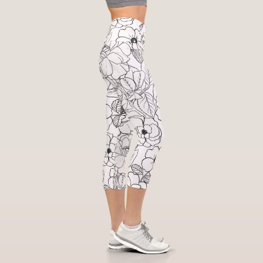 Leggings Capri Elégant noir blanc Rose ligne art floral (Droite)