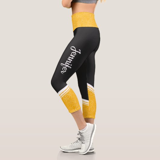 Leggings Capri Élégant noir jaune floral blanc rayures et nom (Gauche)