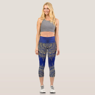 Leggings Capri Elégant or sur Deep Blue Floral Henna Mandala
