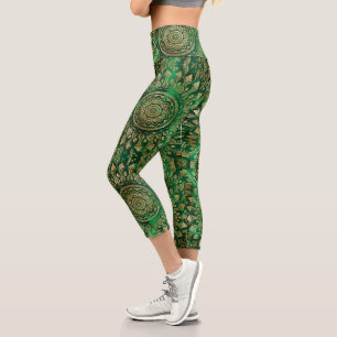 Leggings Capri Élégant or vert Mandala Floral