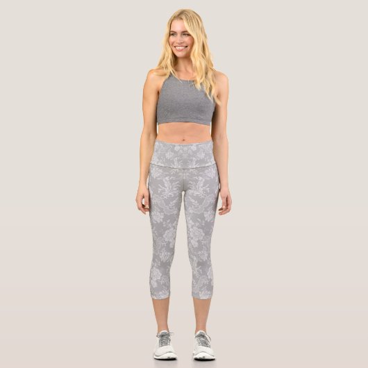 Leggings Capri Élégant Romantique Chic Floral Damask-Grey (Recto)