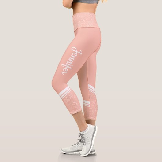 Leggings Capri Élégant rose clair rayures blanches fleuries et no (Gauche)