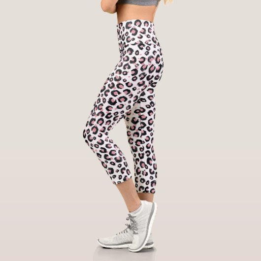 Leggings Capri Élégant Rose Léopard Noir Motif (Gauche)