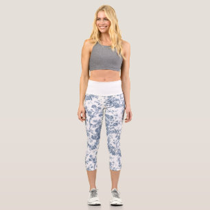 Leggings Capri Élégant Vintage Français gravé Floral Toile-Blue