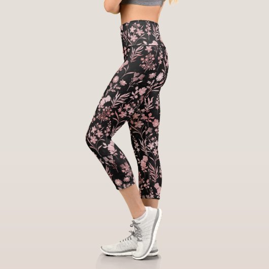 Leggings Capri Élégante Rose Fleurs d'or Noir Botanique (Gauche)