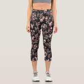 Leggings Capri Élégante Rose Fleurs d'or Noir Botanique (Recto)