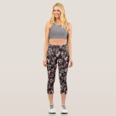 Leggings Capri Élégante Rose Fleurs d'or Noir Botanique (Recto)