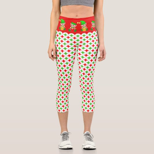 Leggings Capri elfe de Noël avec motif étoile diamant rouge vert (Recto)