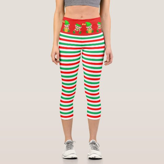 Leggings Capri elfe de Noël et vert, rouge, blanc rayé capri (Recto)