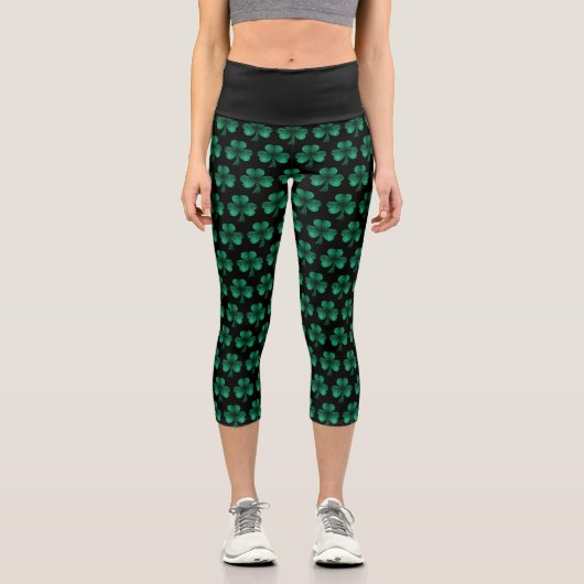 Leggings Capri Emerald Green Sparkles Shamrock motif noir (Recto)
