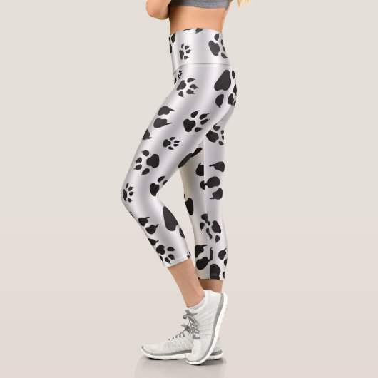 Leggings Capri Empreintes de pattes d'argent et de chien noir cha (Gauche)