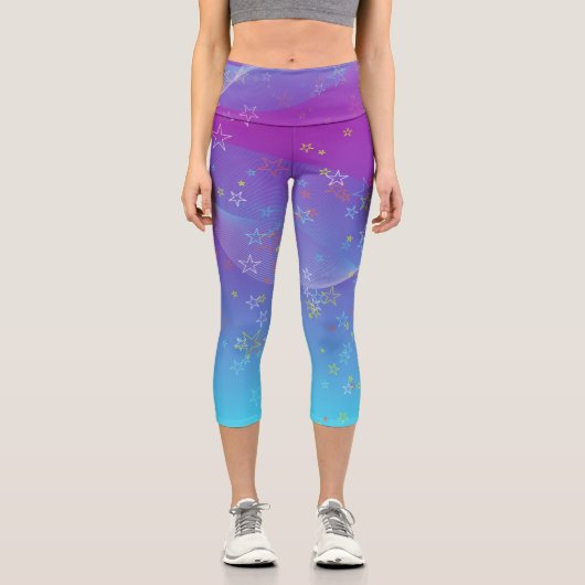 Leggings Capri Étoiles écartées Abstraites sur violet à bleu Ombr (Recto)