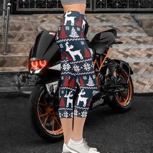 Leggings Capri Festive Fun Christmas Tree Winter Reindeer Pattern