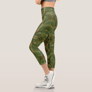 Leggings Capri Feuille d'or Forêt verte Élégant Motif