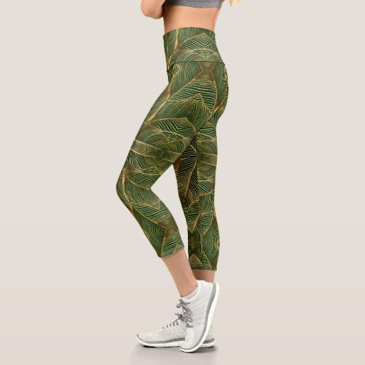 Leggings Capri Feuille d'or Forêt verte Élégant Motif (Gauche)