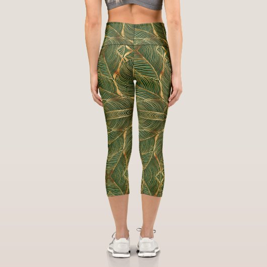 Leggings Capri Feuille d'or Forêt verte Élégant Motif (Verso)