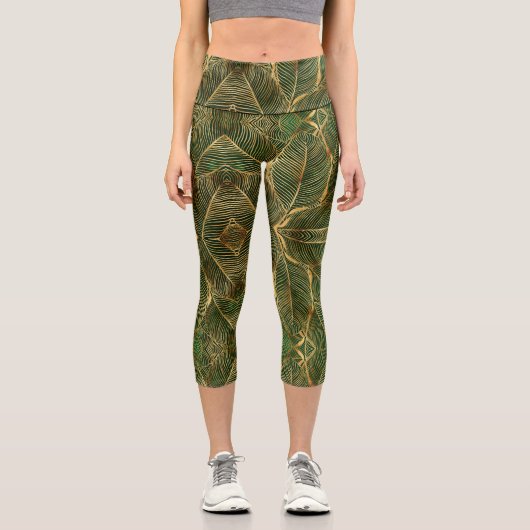 Leggings Capri Feuille d'or Forêt verte Élégant Motif (Recto)