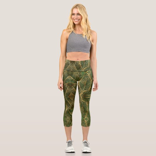 Leggings Capri Feuille d'or Forêt verte Élégant Motif (Recto)