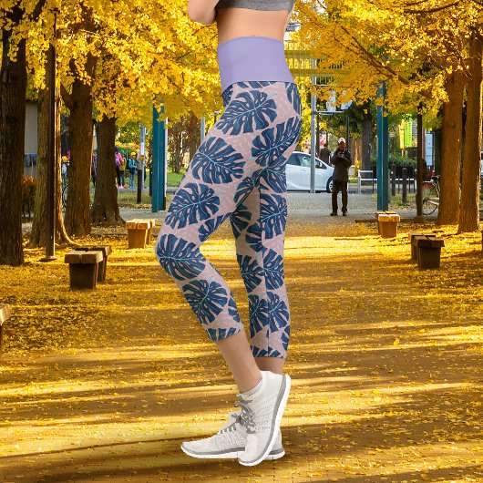 Leggings Capri Feuille Tropicale Monstera Gris Bleu