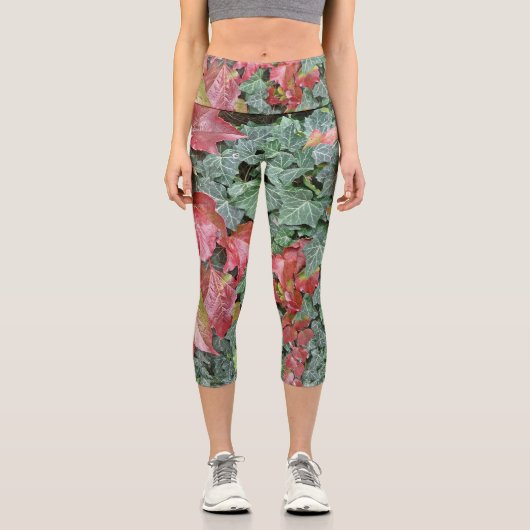 Leggings Capri Feuilles de lierre vert rouge automne saison (Recto)