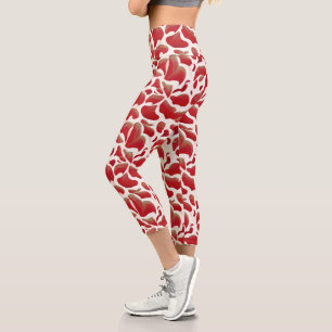 Leggings Capri Feuilles de vol blanc et rouge Motif répétitif