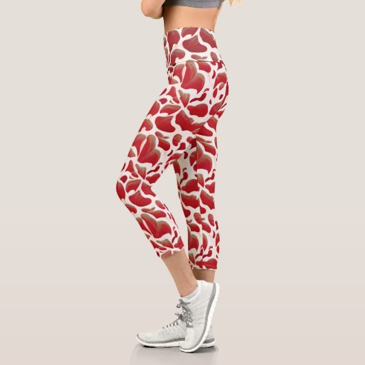 Leggings Capri Feuilles de vol blanc et rouge Motif répétitif (Gauche)