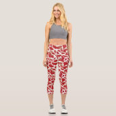 Leggings Capri Feuilles de vol blanc et rouge Motif répétitif (Recto)